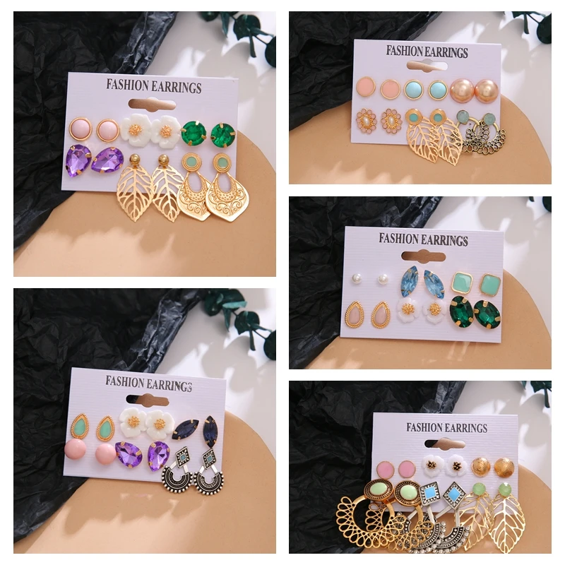 

UMKA Women Earring Set Flower Female Earring Set Bohemian Fashion Jewelry Geometric Crystal Heart Earrings 2021