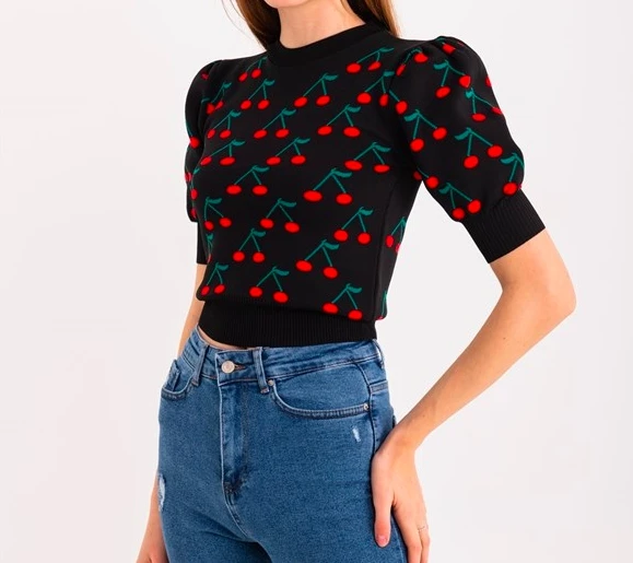 

ERECT COLLAR SHORT SLEEVE STRAWBERRY PATTERN WOMEN KNITWEAR BASC