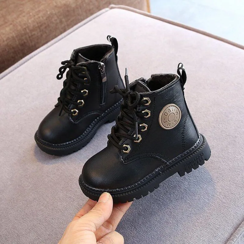 

New Toddler Girls Boots Winter Children Shoes Plus Velvet Warm Kids Martin Boots Fashion Leather Soft Bottom Comfortable