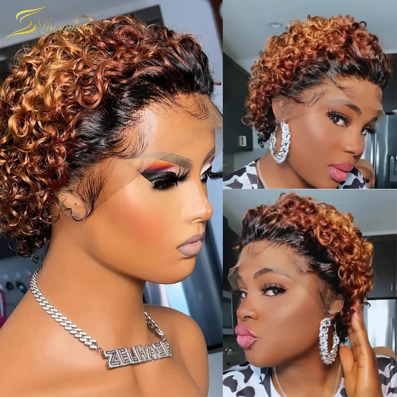 

Ombre Honey Blonde Lace Front Wigs Red 99J Burgundy Pixie Cut Short Bob Curly Water Deep Wave Frontal Wig Full Preplucked HD