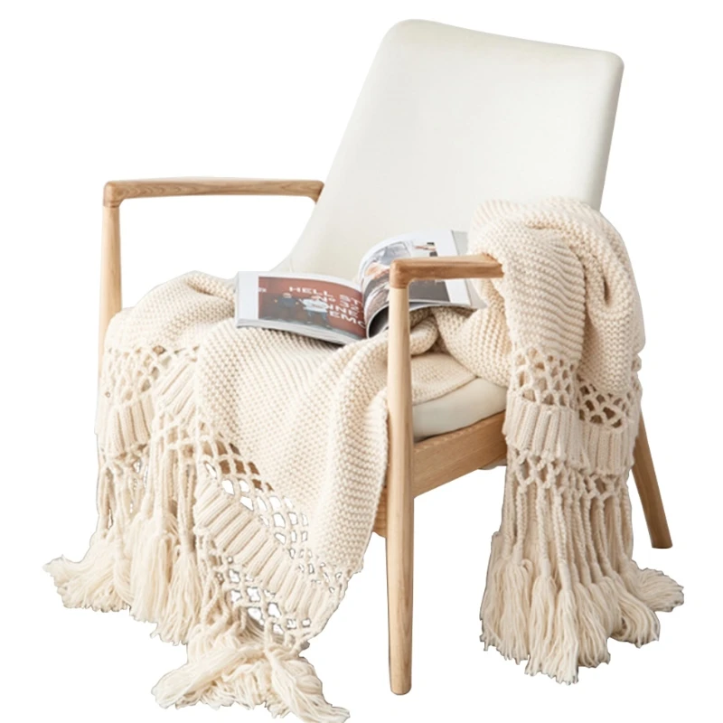

Nordic Sofa Chunky Knitted Throw Blanket with Tassels Stylish Hollow Out Solid Color Air Conditioning Shawl Cover LXAC