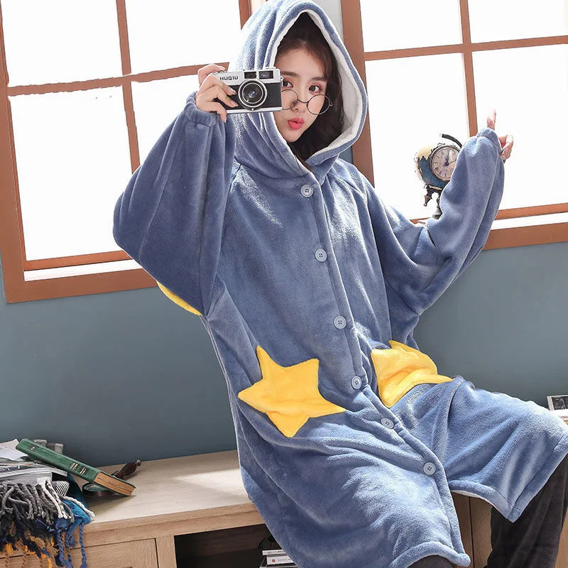 Nightgown for Women's Three-layer Quilted Thickening Plus Velvet Nightwear Autumn Winter Coral Fleece Nightdress Warm Bathrobe