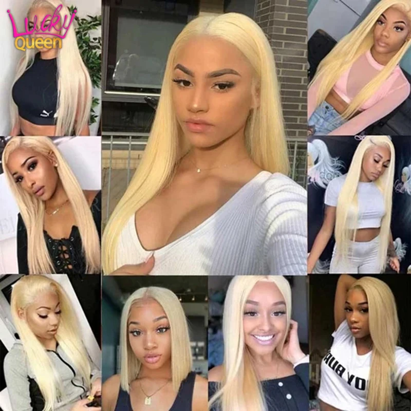 

613 Blonde Color Lace Front Wigs Lucky Queen Brazilian Remy Straight 13x4 Lace Front Human Hair Wigs Pre Plucked For Black Women