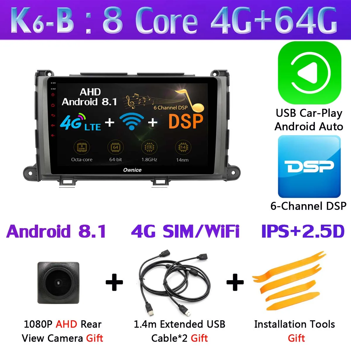 K6-B-CarPlay 360 ° панорамная камера Восьмиядерный 4 Гб+ 64 ГБ Android 9,0 Автомобильная магнитола для Toyota Sienna 3 XL30 2011- gps SPDIF DSP CarPlay - Цвет: K6-B-CarPlay