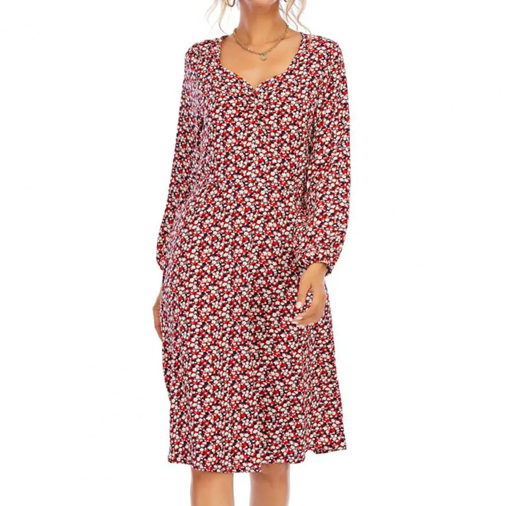 

Шифоновое платье-миди с цветочным принтом, V-образным вырезом и длинным рукавом