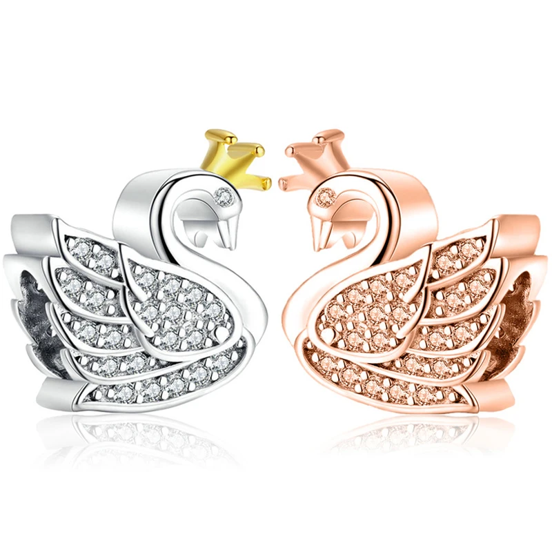 

Fit Original Pan Rose Silver Color Crown Swan Charms Bracelet Women Clear CZ Cute Bird Beads for Jewelry Making Bangle Wholesale