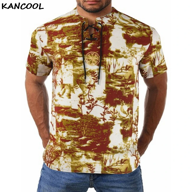 

KANCOOL Men Hawaii Shirt Summer Colorful Retro Street Style Shirt Ethnic Printed Button Short Sleeve Beach Loose Shirt Top