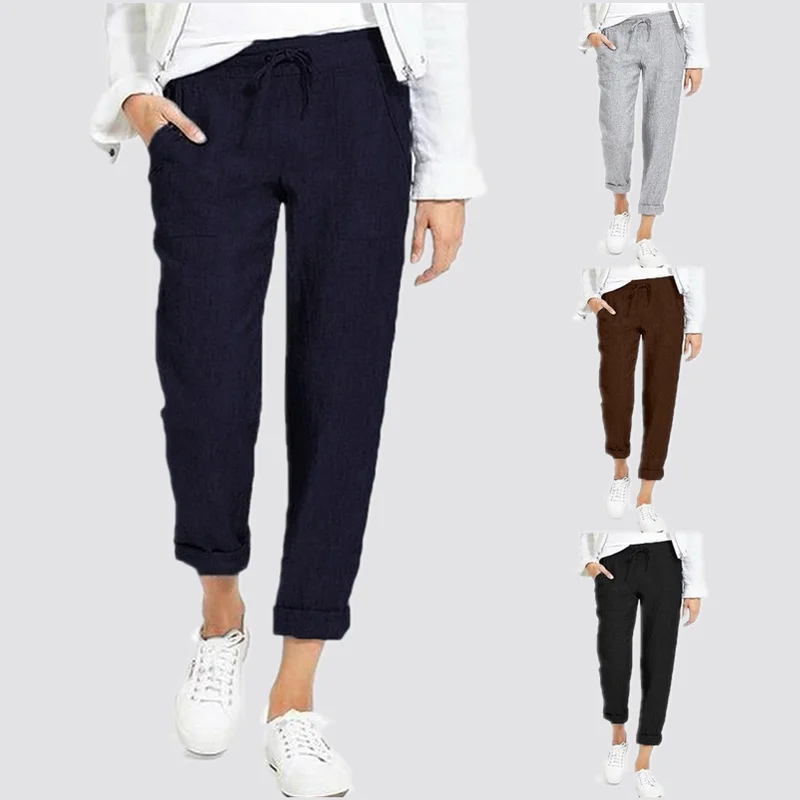 Брюки женские тонкие из хлопка и льна Свободные повседневные однотонные