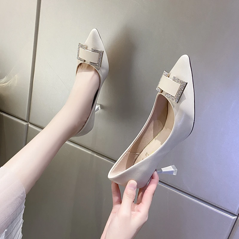 

French niche high heel dress shoes women 2021 new style square buckle temperament pointed shallow mouth stiletto shoes