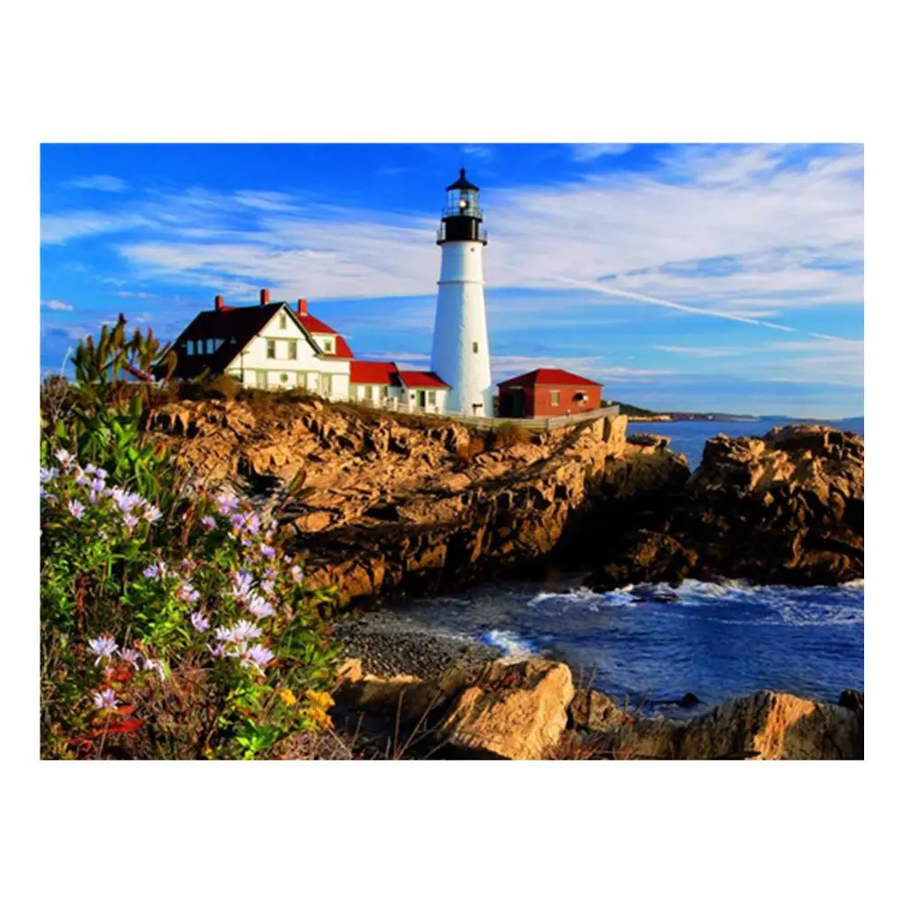 Полный набор для рисования с круглыми камнями и полотном картина морской Маяк 5D