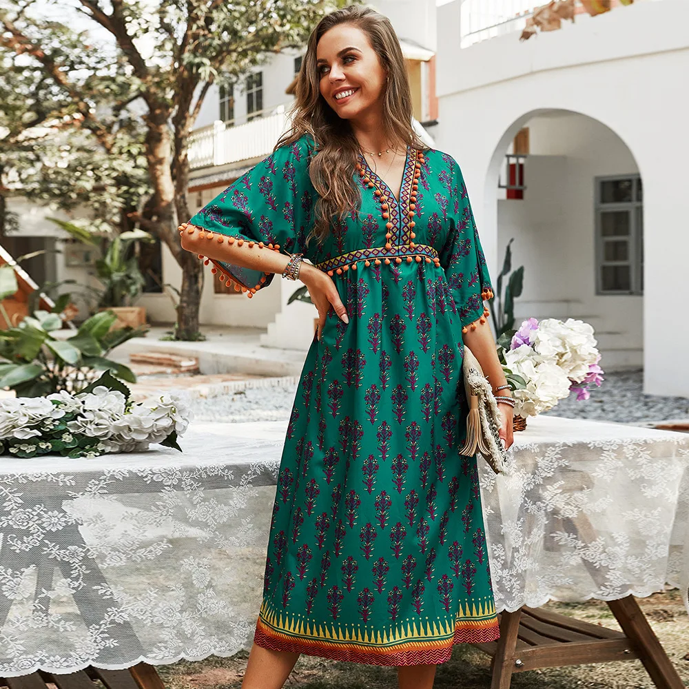 

Boho Chic Mujer Tassel Floral Print Summer Dresses Casual Loose Waist Ladies Frocks Vintage Short Sleeve Mid-calf Bohemian Dress