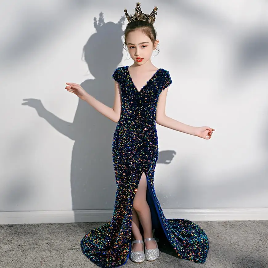 

Sequined Princess Mermaid Dress Small Trailing Flower Girl Birthday Party Catwalk Gown Sexy V-neck Fishtail Dress for Girls L103
