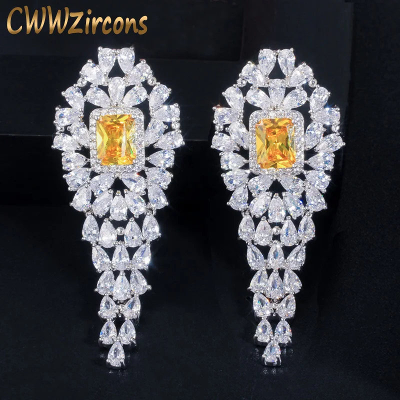 CWWZircons Брендовые женские вечерние ювелирные изделия из белого золота цвет роскошный квадратный желтый CZ камень длинные висячие серьги с цирконом CZ315