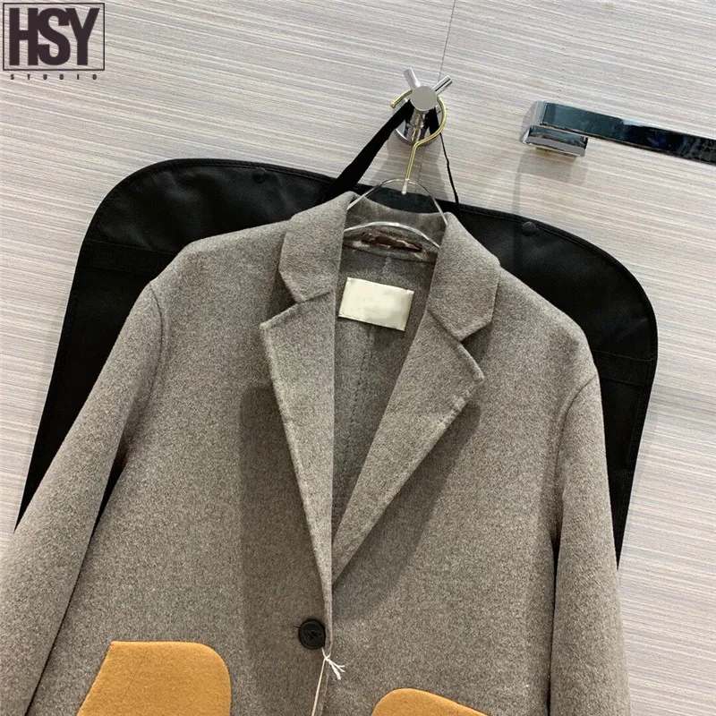 【HSY】2019 Осень Зима Новое Женское пальто камень серый микс изысканный цвет патч