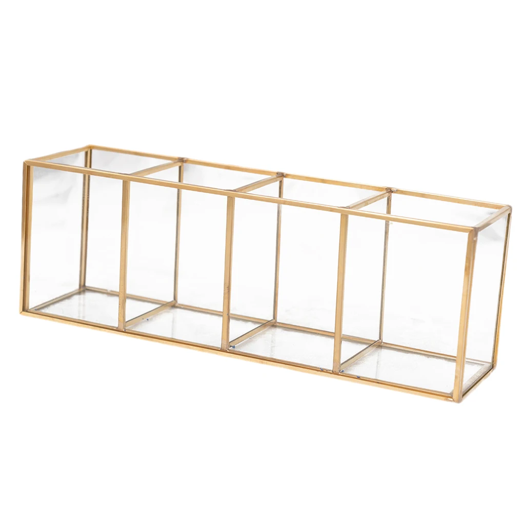 

Metal Vintage Glass Brushes Holder Container Tabletop Horizontal Type 4 Case for Cosmetic Brush Pen Jewelry Container