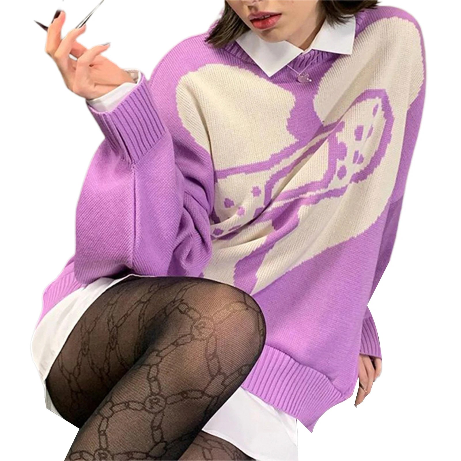 

Осенний Женский Повседневный Свободный вязаный свитер с длинными рукавами, женский ретро-свитер в стиле хип-хоп с сердечками и круглым выре...