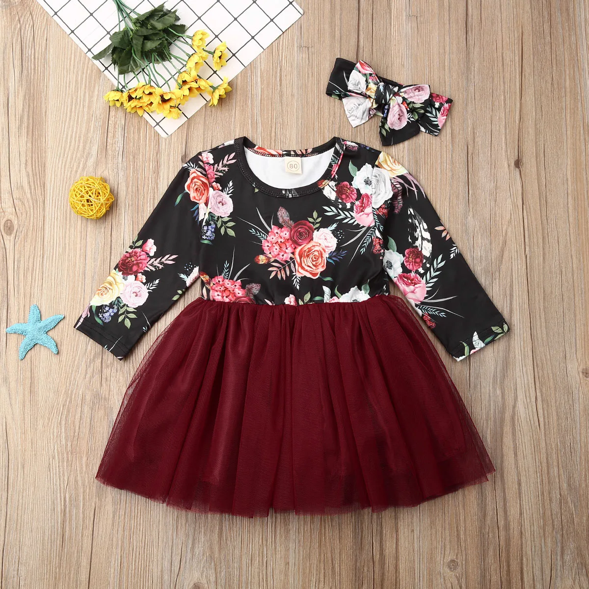 Платье для девочек 2019 платье маленьких с цветами принцессы длинным рукавом