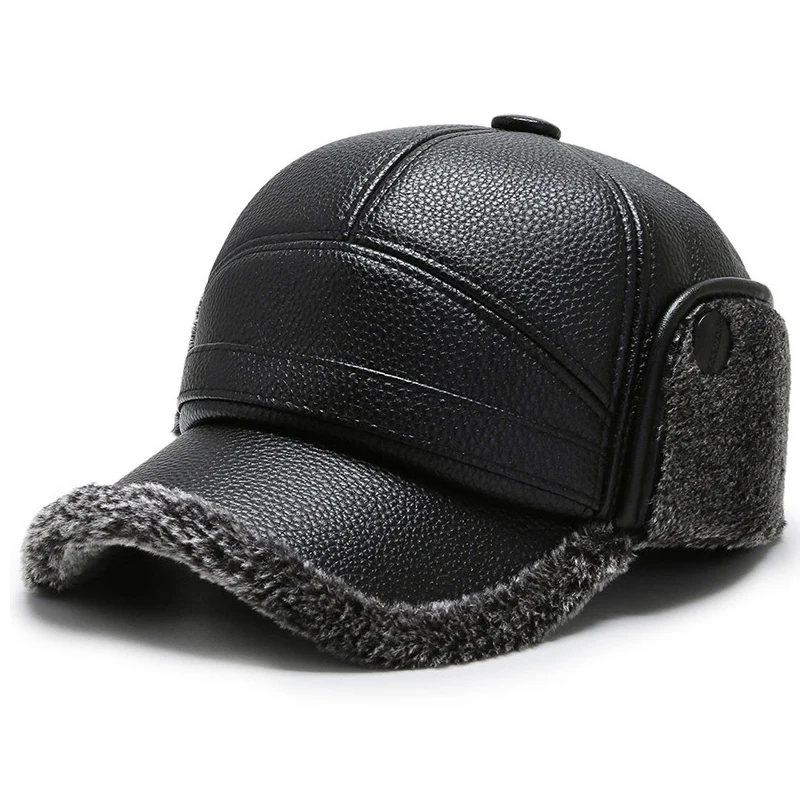 

Father Snapback Winter Baseball Cap Faux Leather Winter Hats For Men Women PU Bone Earflaps Sprot Warm Male Baseball Cap