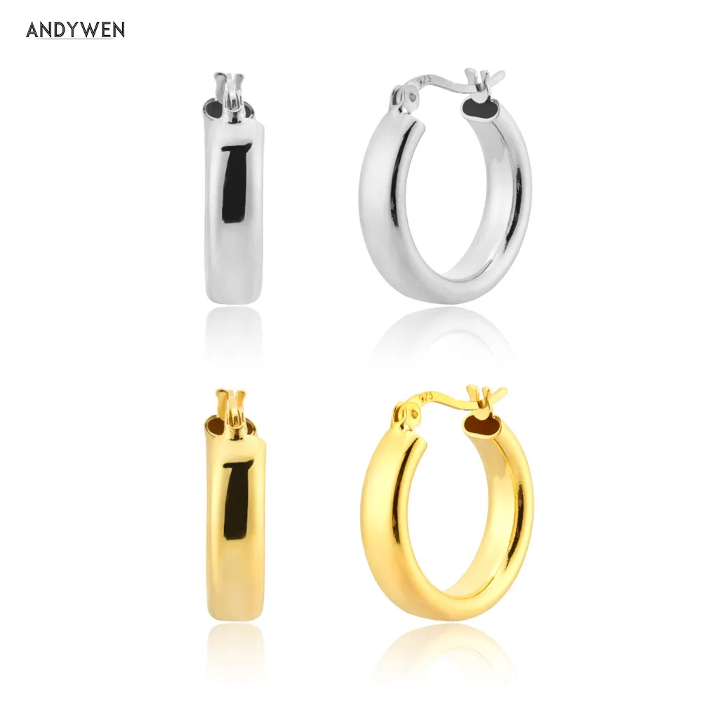 ANDYWEN 925 Sterling Silver Gold European 10mm Huggies Hollow Clips Big Hoops Loops Circle Luxury Rock Punk Fine Jewelry Gift