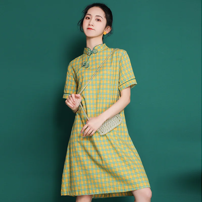 

Summer Retro Plaid Cheongsam Modified Dress Slim Fashion Loose Literary Small Young