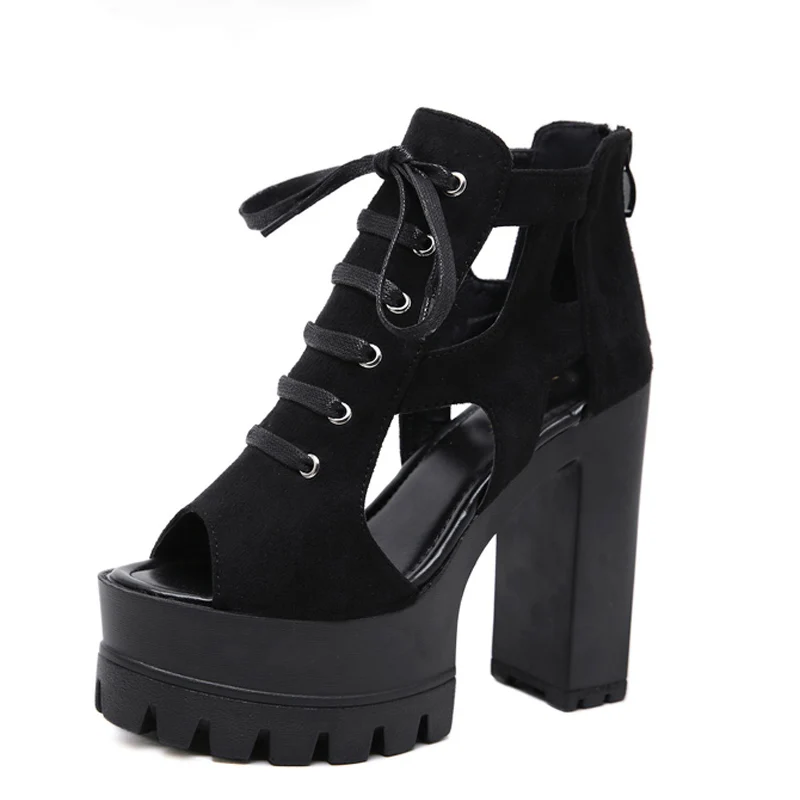 

Boussac Black Punk High Heel Sandals Women Hook&Loop Chunky Heel Platform Shoes Women One Strap Summer Sandals Women Goth Shoes