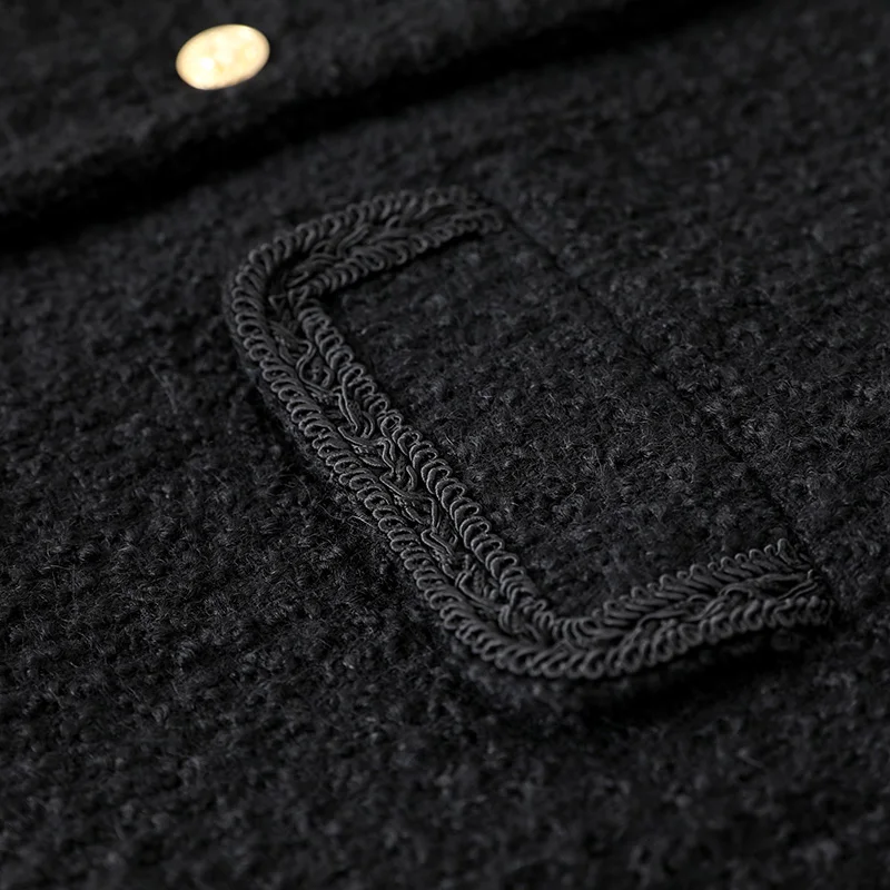 

Prairie Chic Tweed Jacket Womens Black Single Breasted Turn-Down Collar Pockets Short Wide-Waisted Spring Autumn Female Coat