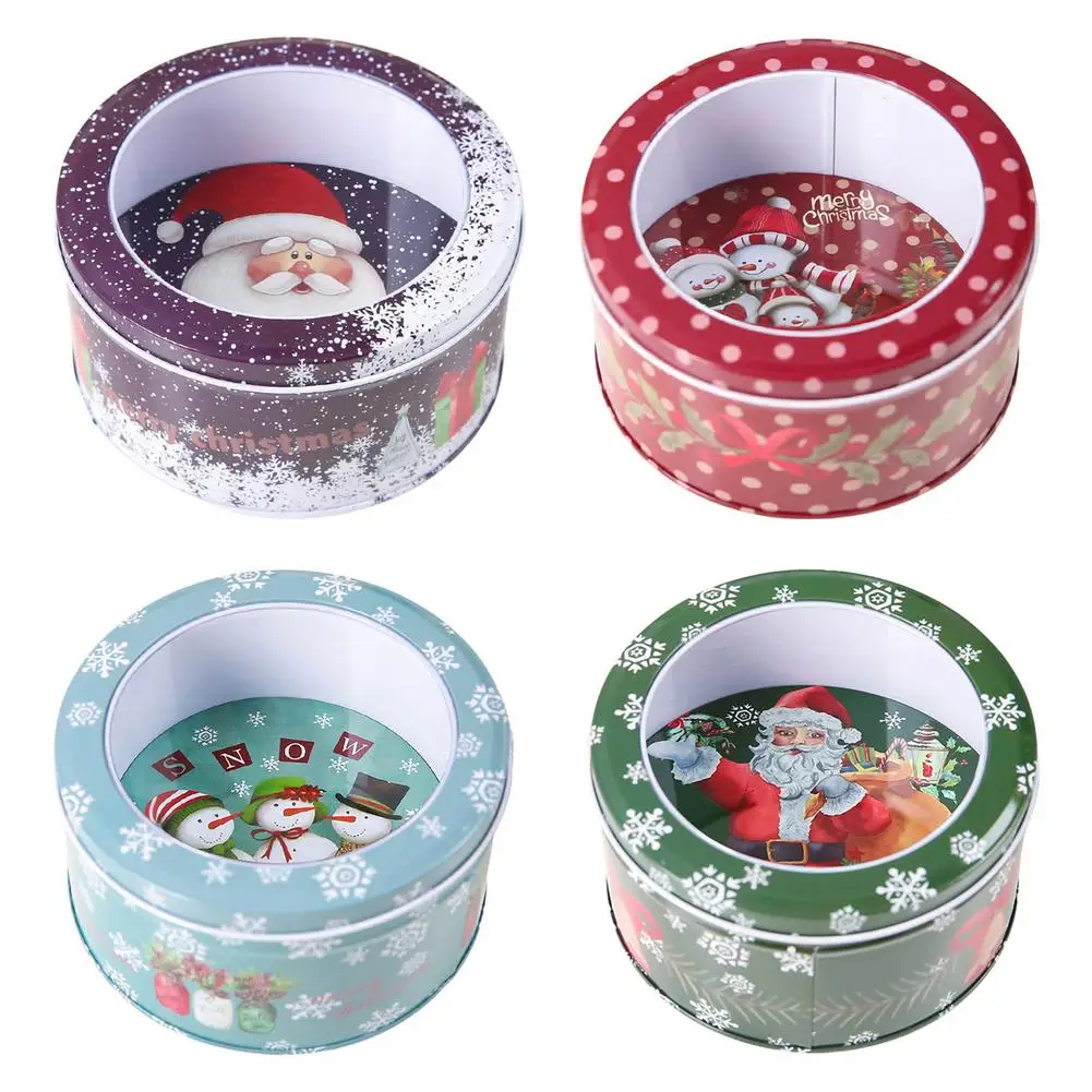 

1PC New Year Gift Packaging Tin Box Merry Christmas Santa Claus Snowmen With Clear Window PartyEvent Candy Cookies Favors