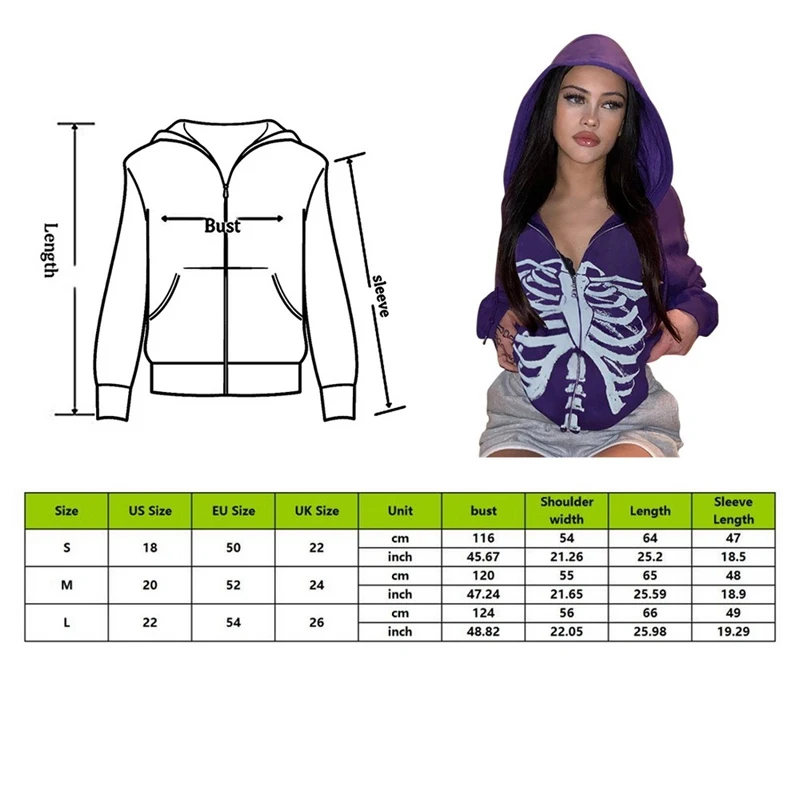 

Muyogrt Goth Skeleton Print Autumn Winter Hoodies Women Zipper Up Harajuku Sweatshirt Gothic Clothes Loose Jacket Coat Hooded