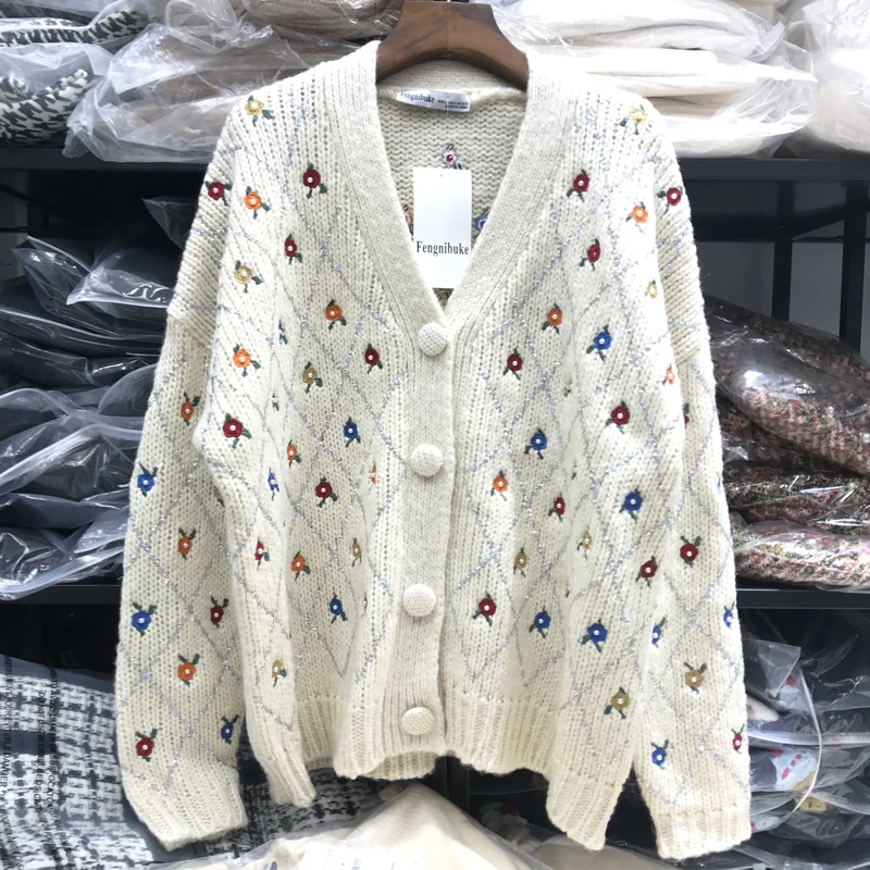 Elina V Neck Sweaters Women Fashion Embroidery Single Breasted Sweater Elegant Long Sleeve Female Ladies LAD |