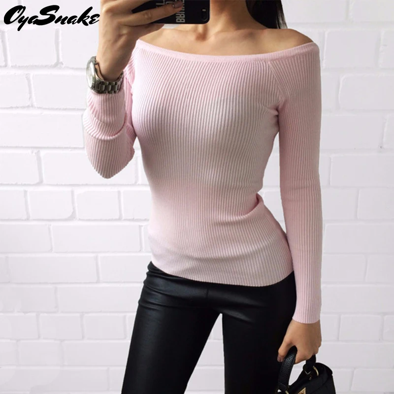 Oyasnake Warm and Charm Off Shoulder Knitted Sweater Women Autumn Elegant Jumper Pull Femel Winter High Stretch Knitwear Top | Женская