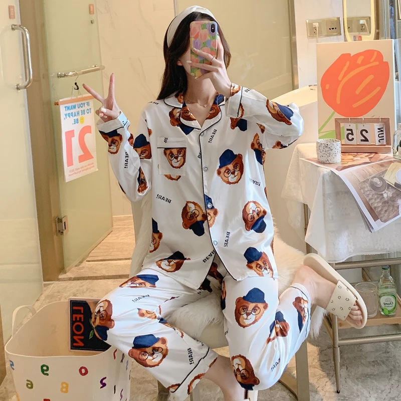 CAIYIER Women Pajamas Set Autumn Long-sleeved Pants Cute Turn-down Collar Nightwear Sexy Silk Cartoon Cartoon  Home Clothing 2XL
