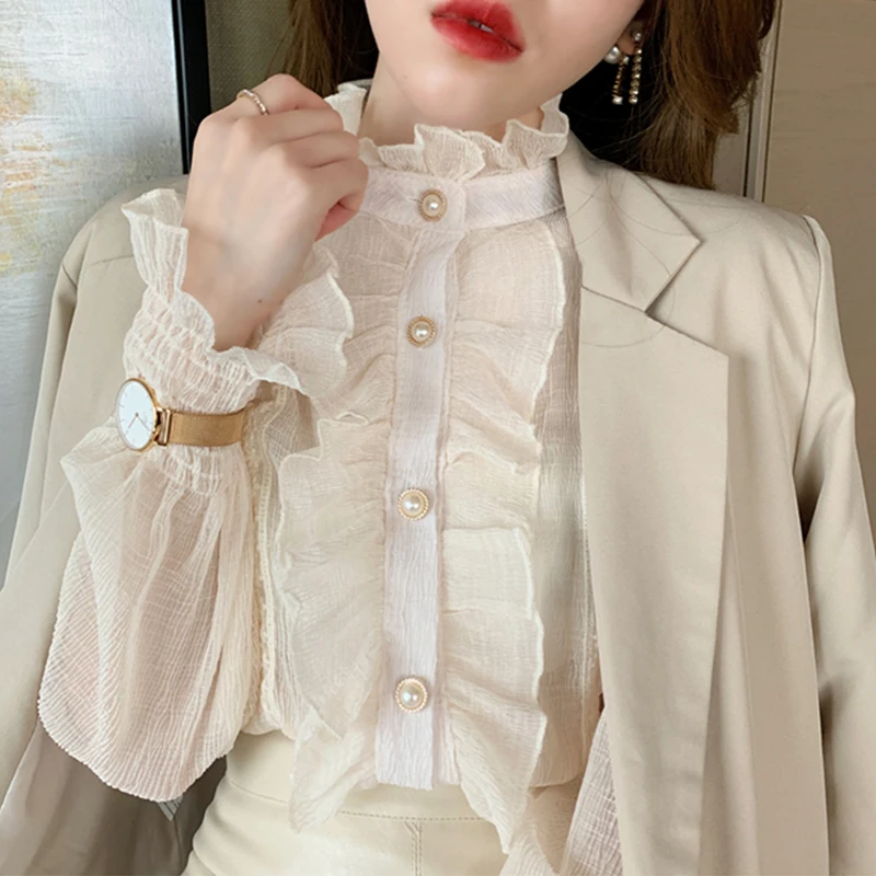 Korean Lace Ruffles Elegant Chiffon Shirt Woman Chic Long Sleeve Stand Collar Blouses Women Casual Loose White Tops Blusas 13433 | Женская