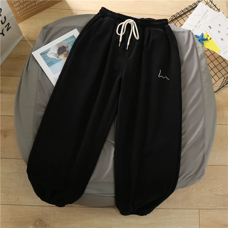 

Mooirue Winter Women Harem Stripes Embroidery Gray Black Fleece Pants Bottom