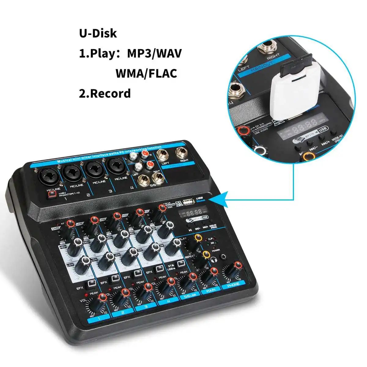 6 канальный аудиомикшер с Bluetooth светодиодный цифровой дисплей USB DJ звуковая