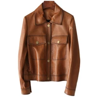 Vintage Spring Autumn Real Sheepskin Jacket Locomotive Slim High Quality Genuine Leather Coat Women Casual Outwear with Pockets