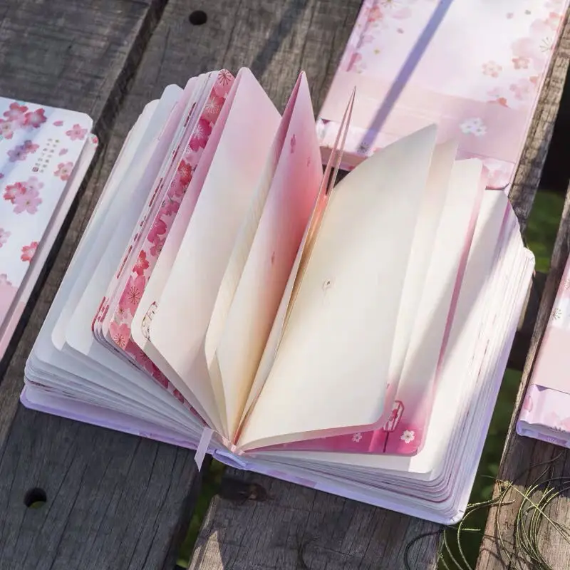 귀여운 벚꽃 핑크 노트 일기장 컬러 페이지 일러스트 마그네틱 버클 참고 도서 편지지 학교 용품