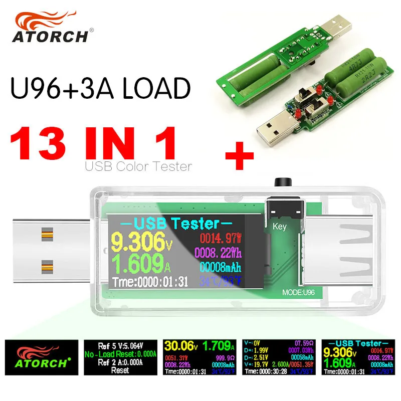 1XBlack U96 add load U96 13 в 1 USB Тестер DC Цифровой вольтметр amperimetro Напряжение Ток вольтметр Амперметр детектор банк питания индикатор зарядного устройства - Цвет: 1XBlack U96 add load