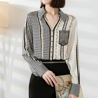 real silk womens satin shirt elegant fashion v neck long sleeve woman shirts blouses spring autumn bird lattice print blouse