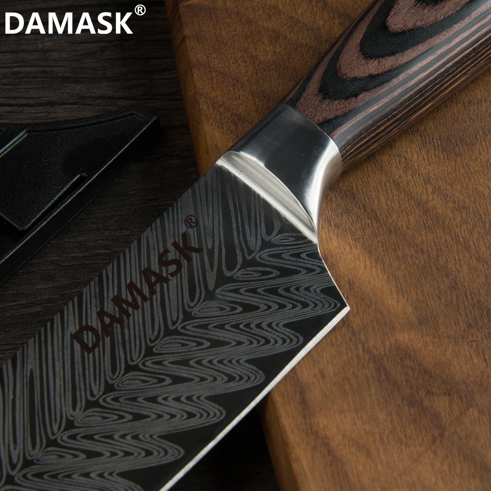 Набор кухонных ножей Damask 7Cr17 Mov кухонный нож из нержавеющей стали высококлассный нож с рисунком рыбьей кости с бесплатными подарочными ножны