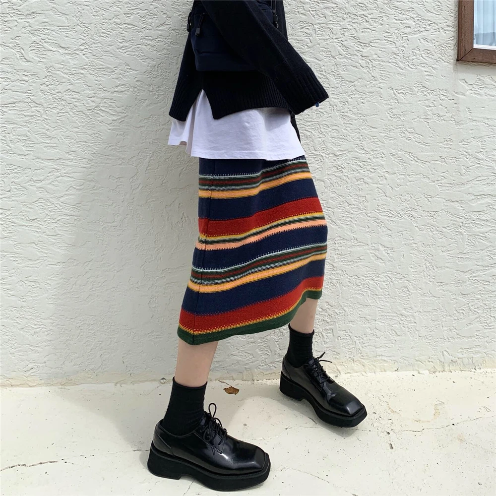 Flectit Harajuku Разноцветные полосатые трикотажные миди-юбки осень-зима женская