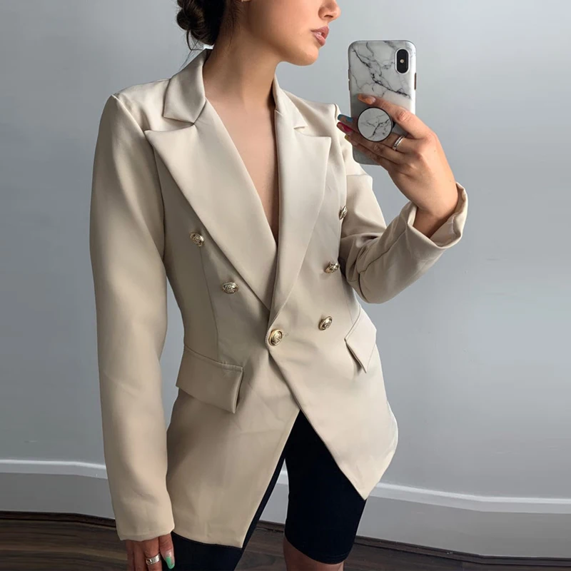 

Женская винтажная двубортная куртка на пуговицах, однотонная офисная Повседневная куртка с отложным воротником и длинным рукавом, весна 2019