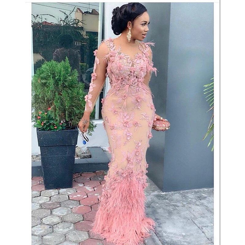2019 Aso Ebi Arabic Luxurious Lace Beaded Evening Dresses Mermaid Long Sleeves Prom Dresses Feather Formal Party Second Receptio