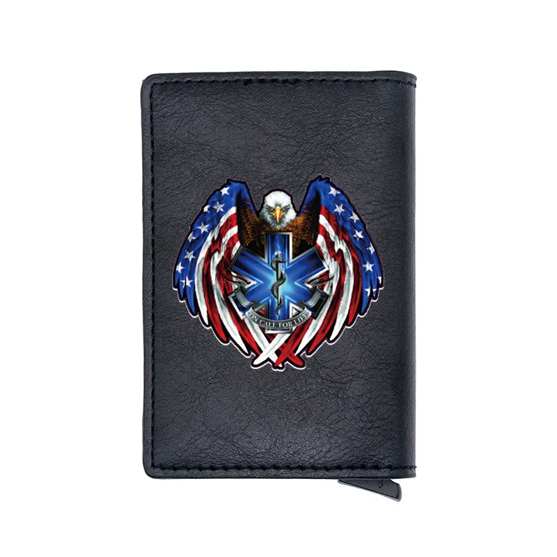 

Classic American Flag Eagle EMT Design Brown Digital Printing Leather Card Holder Wallet Brown Men Women Short Thin Purse Gift