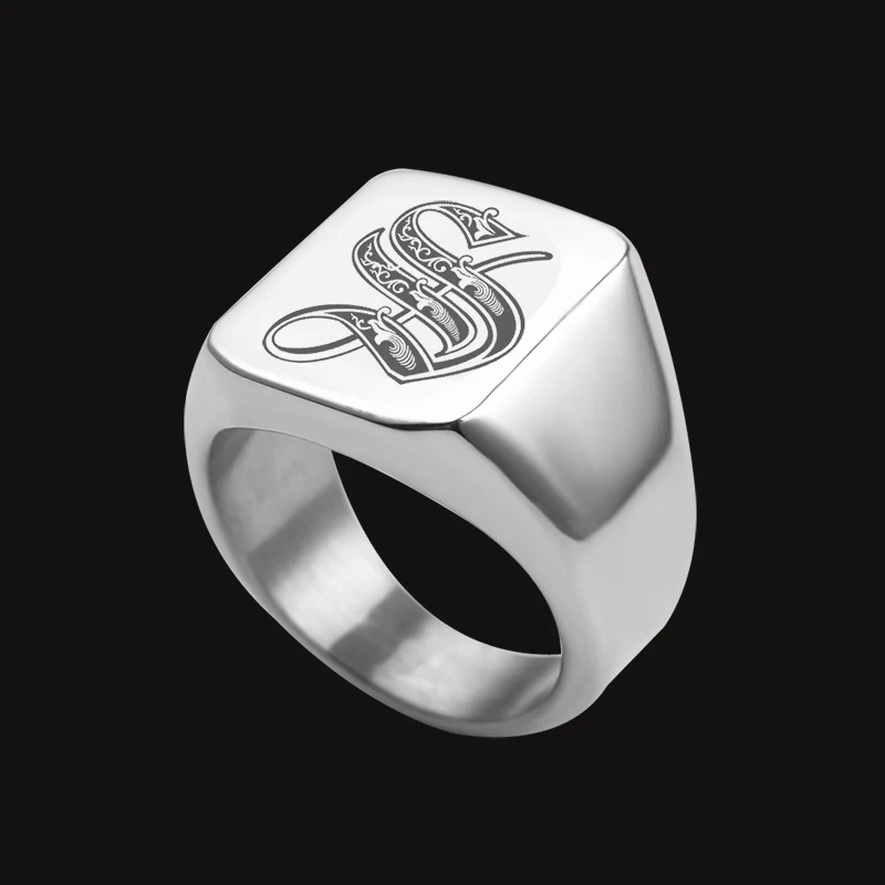 Engrave Initial A to Z Alphabet Stainless Steel Signet Ring High Polished Silver Color Tone Fashion Rings Minimalist U.S.Size