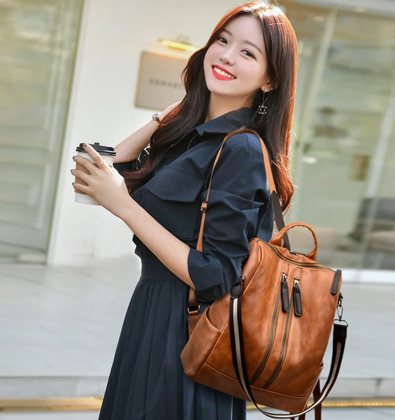 Женский винтажный кожаный рюкзак с двойной молнией Многофункциональный