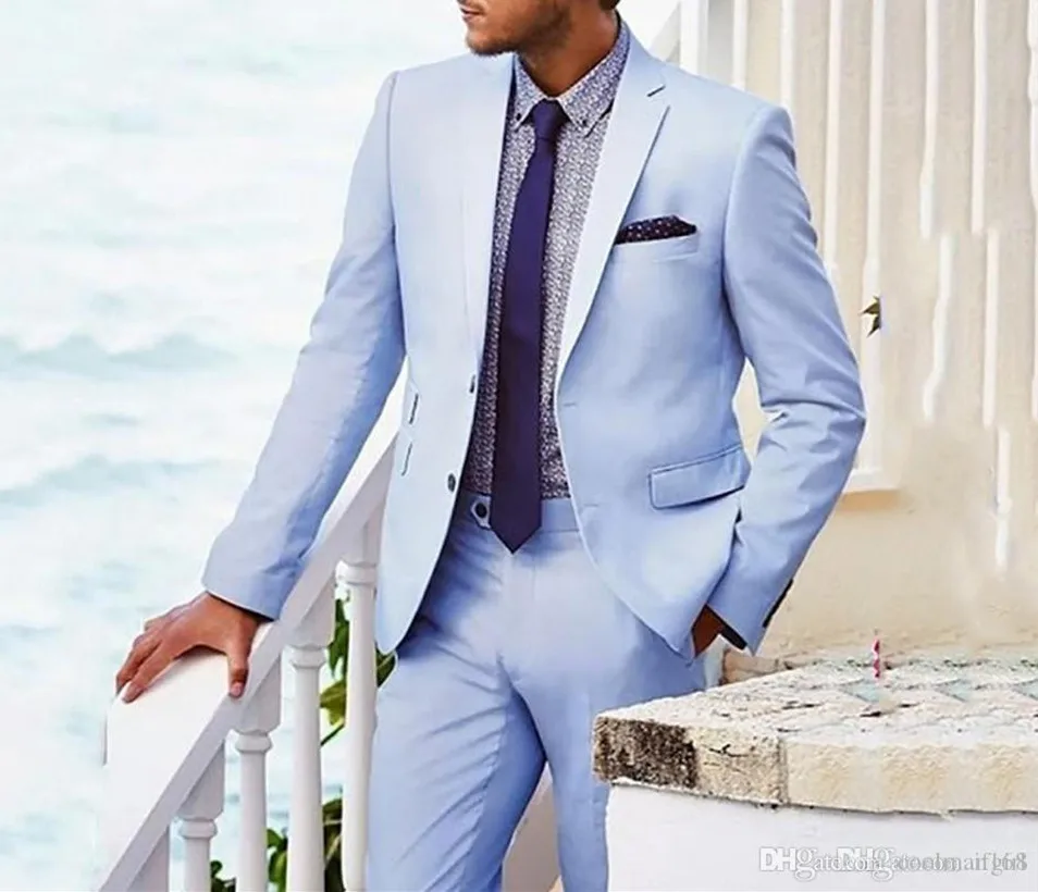 

Light Blue Suit Men Casual Beach Wedding Suits For Men Custom Groom Best Man Ternos 2 Pieces Men Suits With Pants Prom