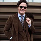 Мужской деловой костюм ANNIEBRITNEY из коричневого вельвета из 3 предметов осень-зима теплый Высококачественный Свадебный смокинг для жениха с заостренным отворотом под заказ