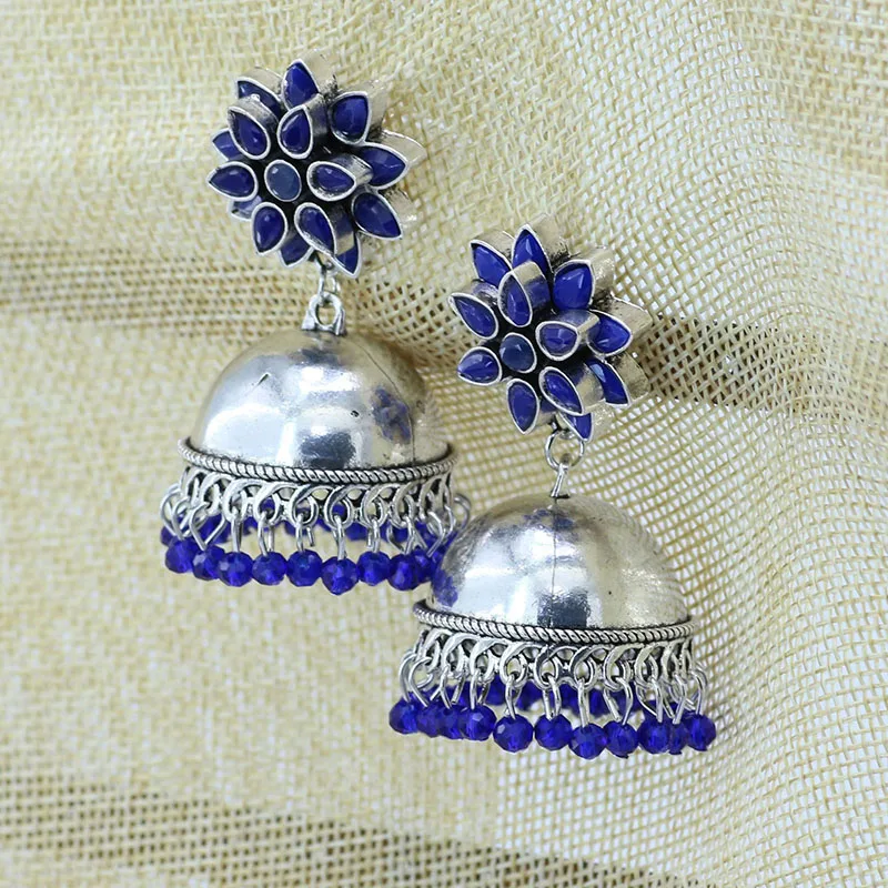Индийские серьги Jhumki Jhumka ручной работы с синими бусинами в форме цветка пирсинг