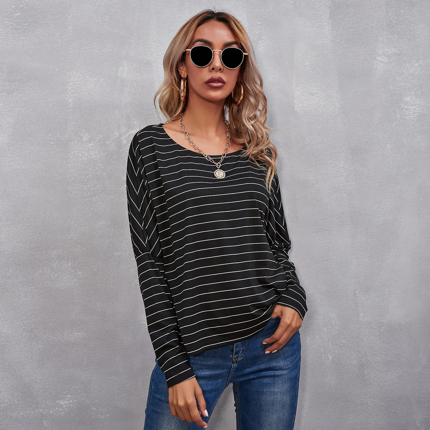 

Women Striped T Shirt Tops Casual Batwing Long Sleeve Office Loose Tees Top 2021 Autumn New Fashion Elegant Home Wear Clothing