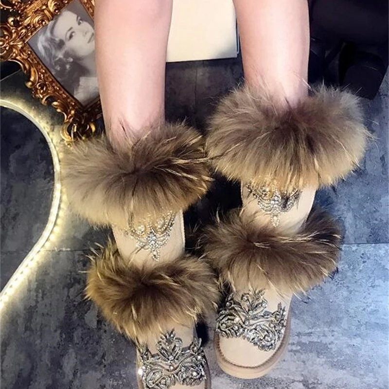 Warm home custom big fox fur crown jewel crystal handsome high tube leather European station snow boots star models | Обувь